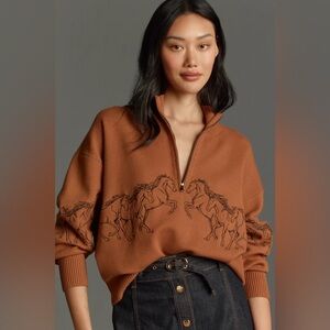 Anthropologie Maeve Montana Mock Neck Half Zip Brown Horse Embroidered Sweater